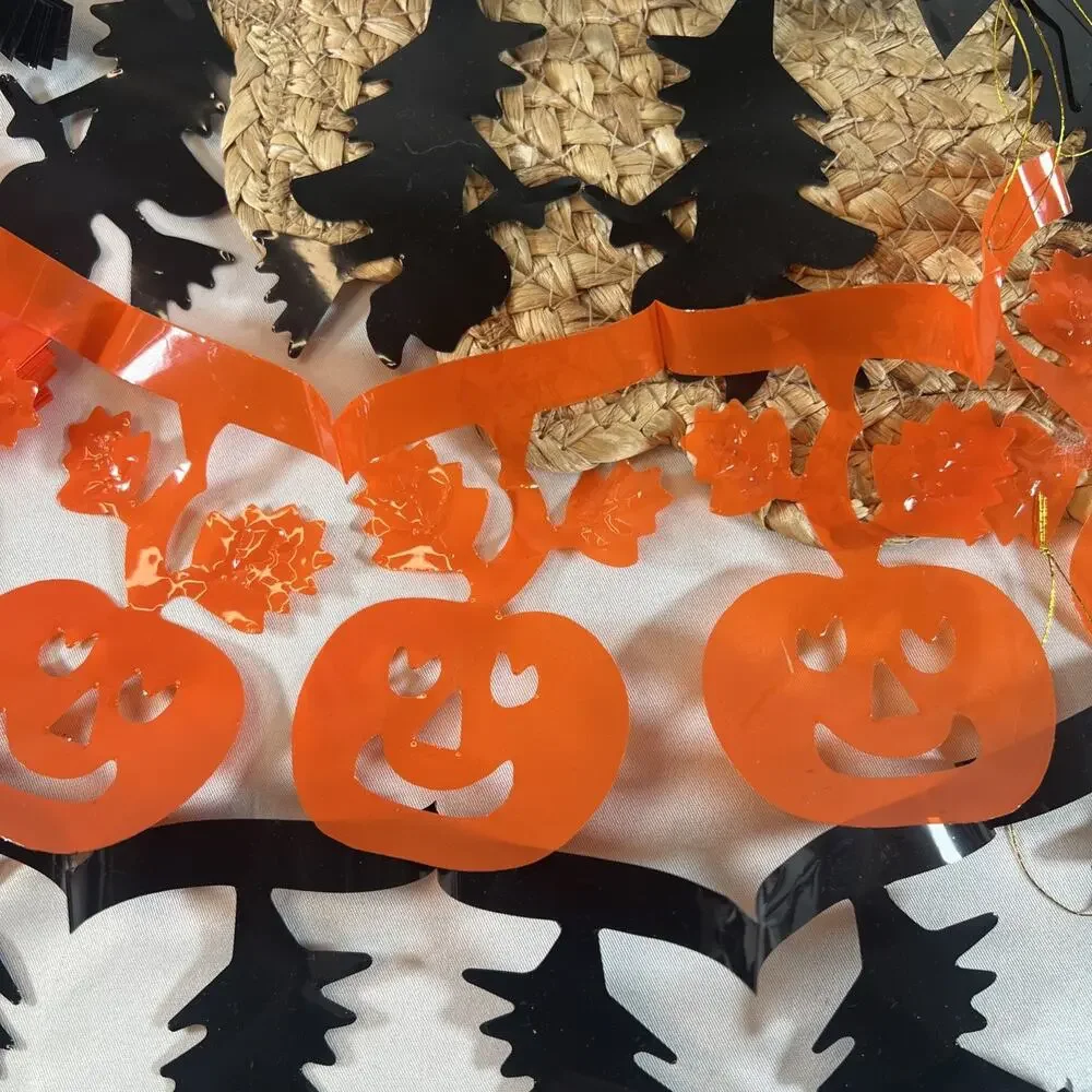 Vintage 90s Halloween Pumpkin Witch Ghost Pull-Out Chain Plastic Vinyl Garland